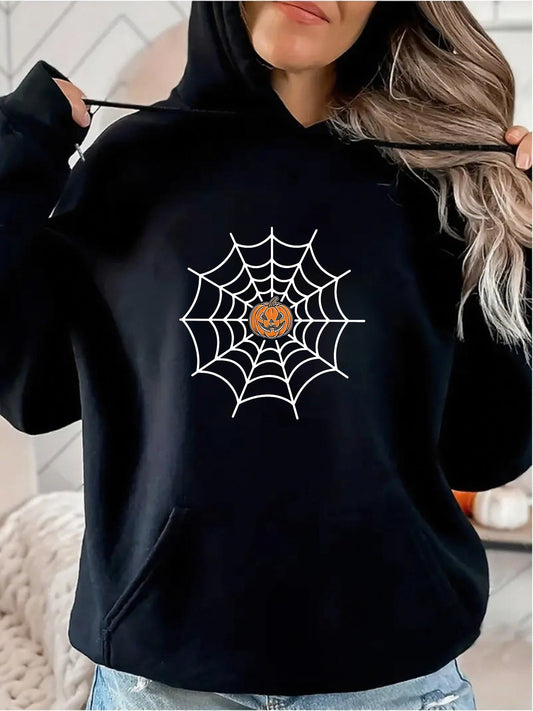 Women's Graphic Hoodie Playful Pumpkin Face Among White Spiderweb Black Hoodie