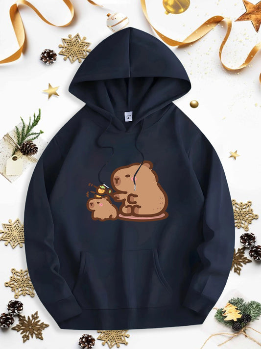 Men's Graphic Hoodie Playful Nature Inspired Scene With Cute Rodent And Little Baby Capybara