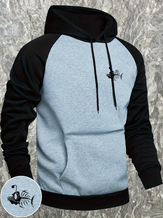 Men's Graphic Hoodie Playful Hand Drawn Fish Skeleton Among Stone Pattern Hoodie