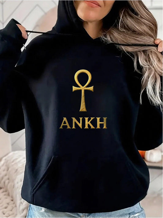 Women's Graphic Hoodie Golden Egyptian Cross With Simple Lettering And Deep Black Mystical Ankh