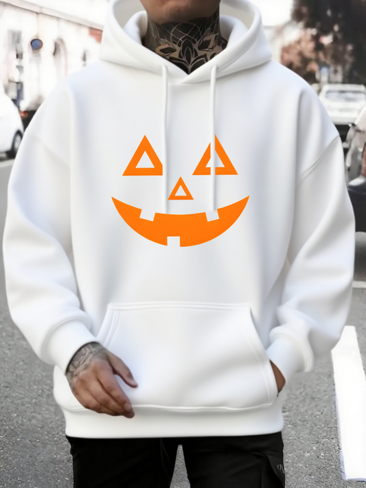 Men's Graphic Hoodie Playful Orange Geometric Halloween Faces On White Hoodie Pumpkin