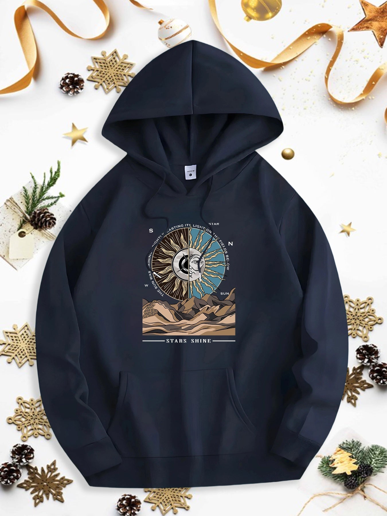 Men's Graphic Hoodie Celestial Mountain Landscape With Sun Moon Phases Radiating Under Night Sky