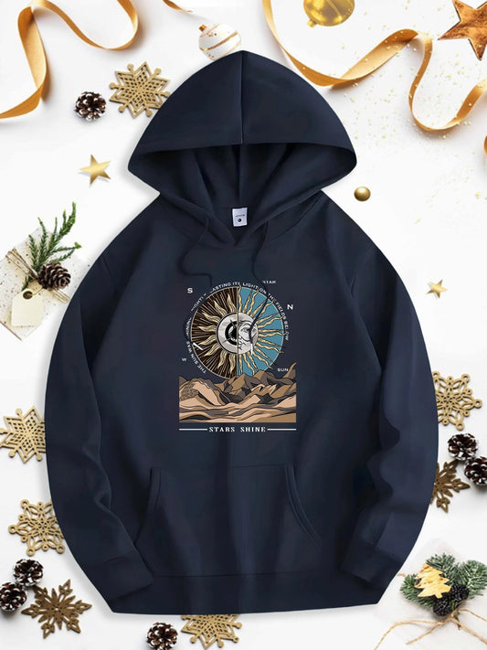 Men's Graphic Hoodie Celestial Mountain Landscape With Sun Moon Phases Radiating Under Night Sky