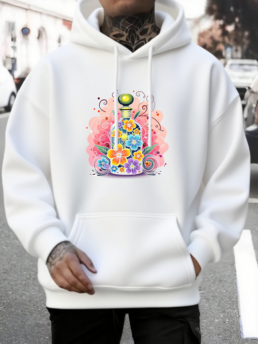 Men's Graphic Hoodie Colorful Floral Patterns With Artistic Glass Perfume Bottle