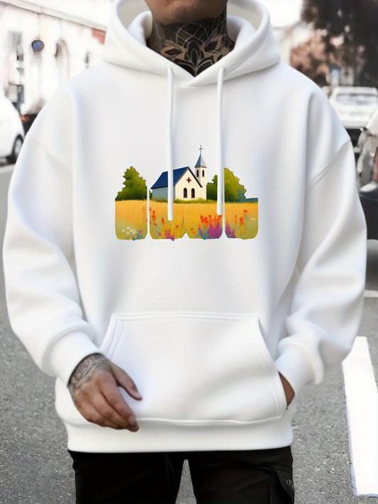Men's Graphic Hoodie Sunny Countryside With Wildflowers And Lush Green Trees Around A Quiet Church