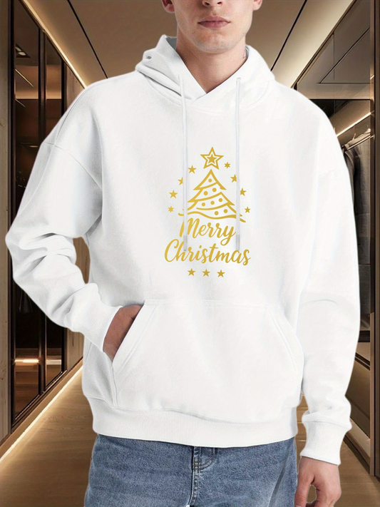 Men's Graphic Hoodie Merry Christmas Golden Tree With Festive Stars And Decorative Sparkle Ornament