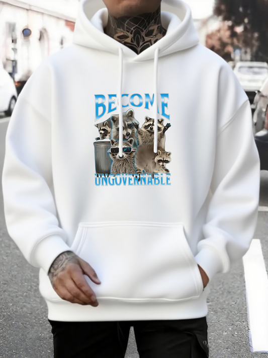 Men's Graphic Hoodie Become Ungovernable Playful Raccoons Among Trash Cans And Urban Street