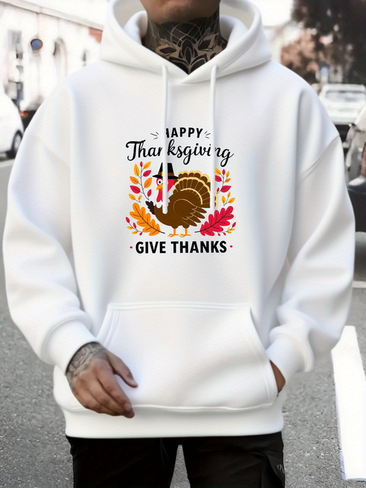 Men's Graphic Hoodie Happy Thanksgiving Surrounded By Autumn Leaves And Harvest Turkey