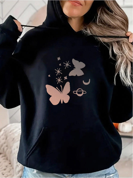 Women's Graphic Hoodie Pastel Butterflies With Stars Crescent Moon And Saturn Butterfly