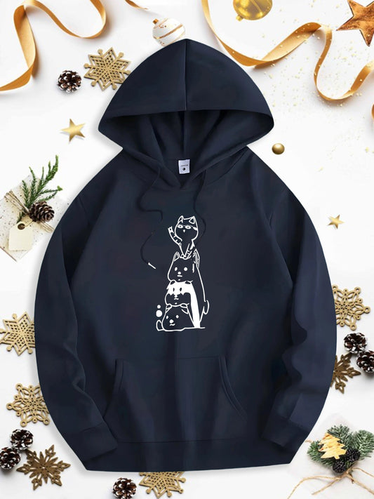 Men's Graphic Hoodie Minimalist White Line Drawing With Playful Cat Sitting On Hoodie
