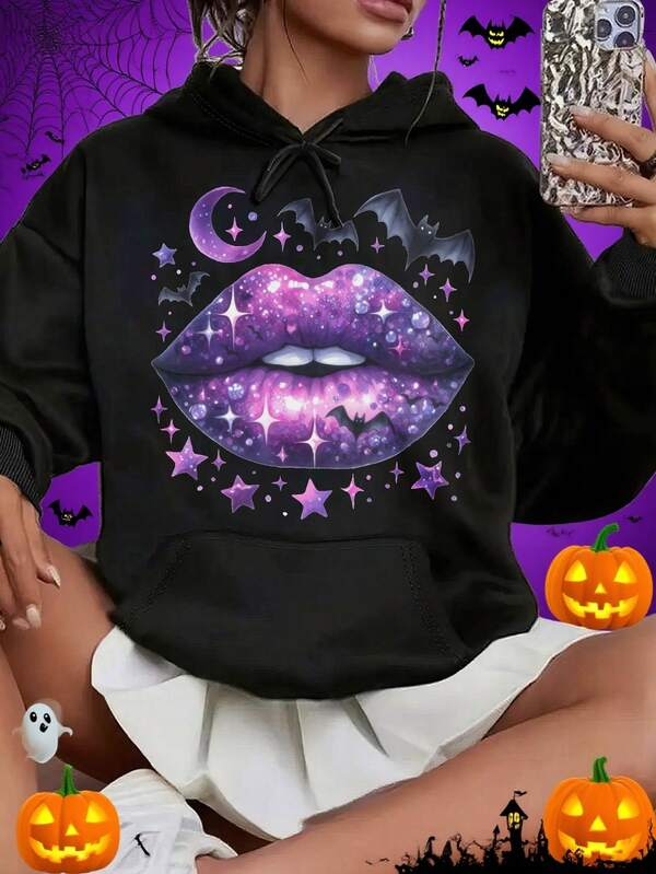 Women's Graphic Hoodie Galaxy Stars And Bats With Purple Moon Mystical Lips