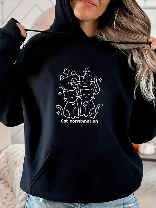 Women's Graphic Hoodie Cat Combination With Three Whimsical Outlined Feline Figures Surrounded By Stars