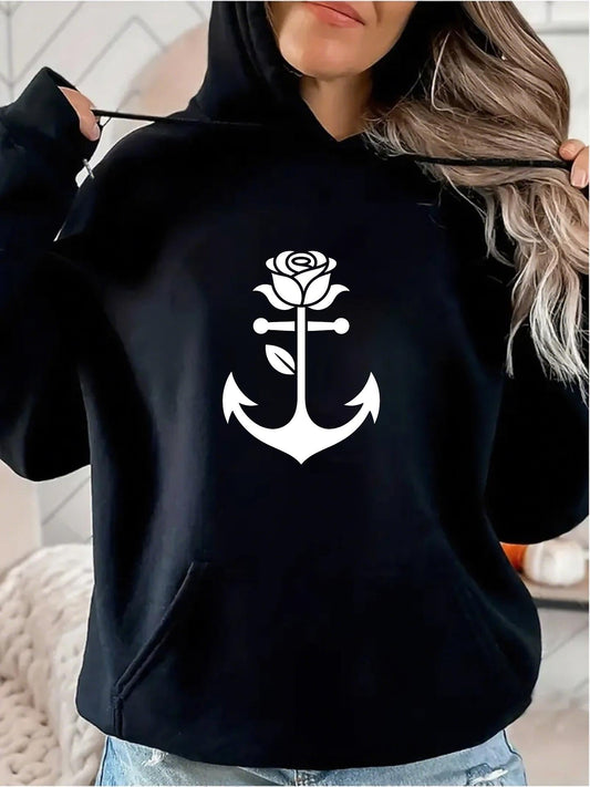Women's Graphic Hoodie Blooming Rose Growing With Classic Nautical Anchor Centerpiece Anchor