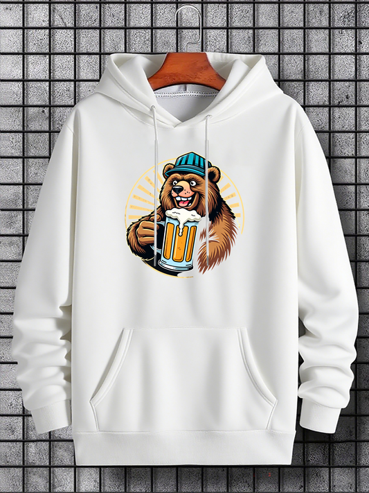 Men's Graphic Hoodie Smiling Bear With Blue Hat Holding Foaming Beer Mug