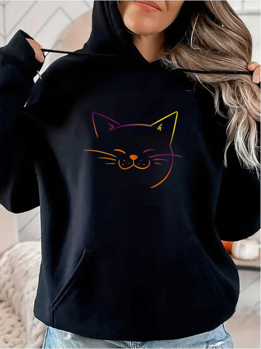Women's Graphic Hoodie Vivid Neon Lines Smiling Cat Face Among Dark Fabric Cat