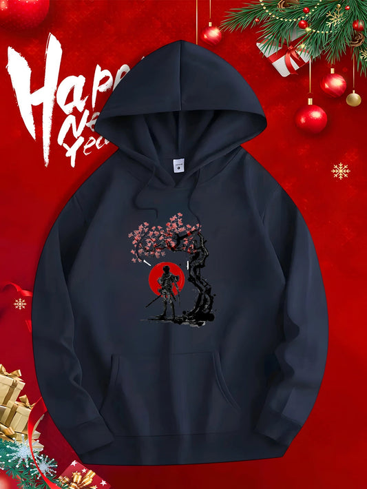 Men's Graphic Hoodie Cherry Blossom Night With Cat And Red Rising Moon
