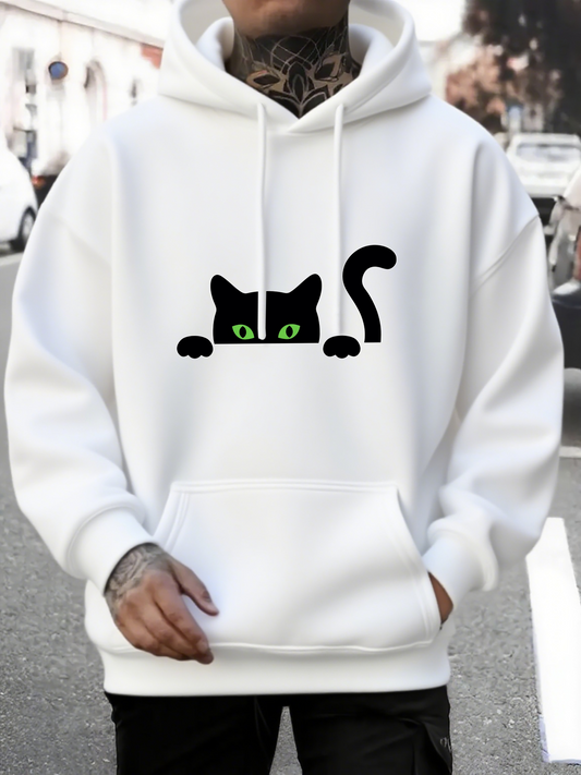 Men's Graphic Hoodie Playful Black Cat With Green Eyes Peeking Over White Hoodie