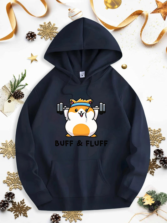 Men's Graphic Hoodie Buff And Fluff Cute Hamster Lifting Dumbbells Wearing Headband Hoodie
