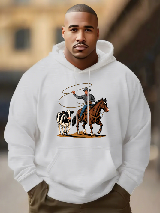 Men's Graphic Hoodie Western Rodeo Cowboy With Lasso Riding Horse Chasing Cattle