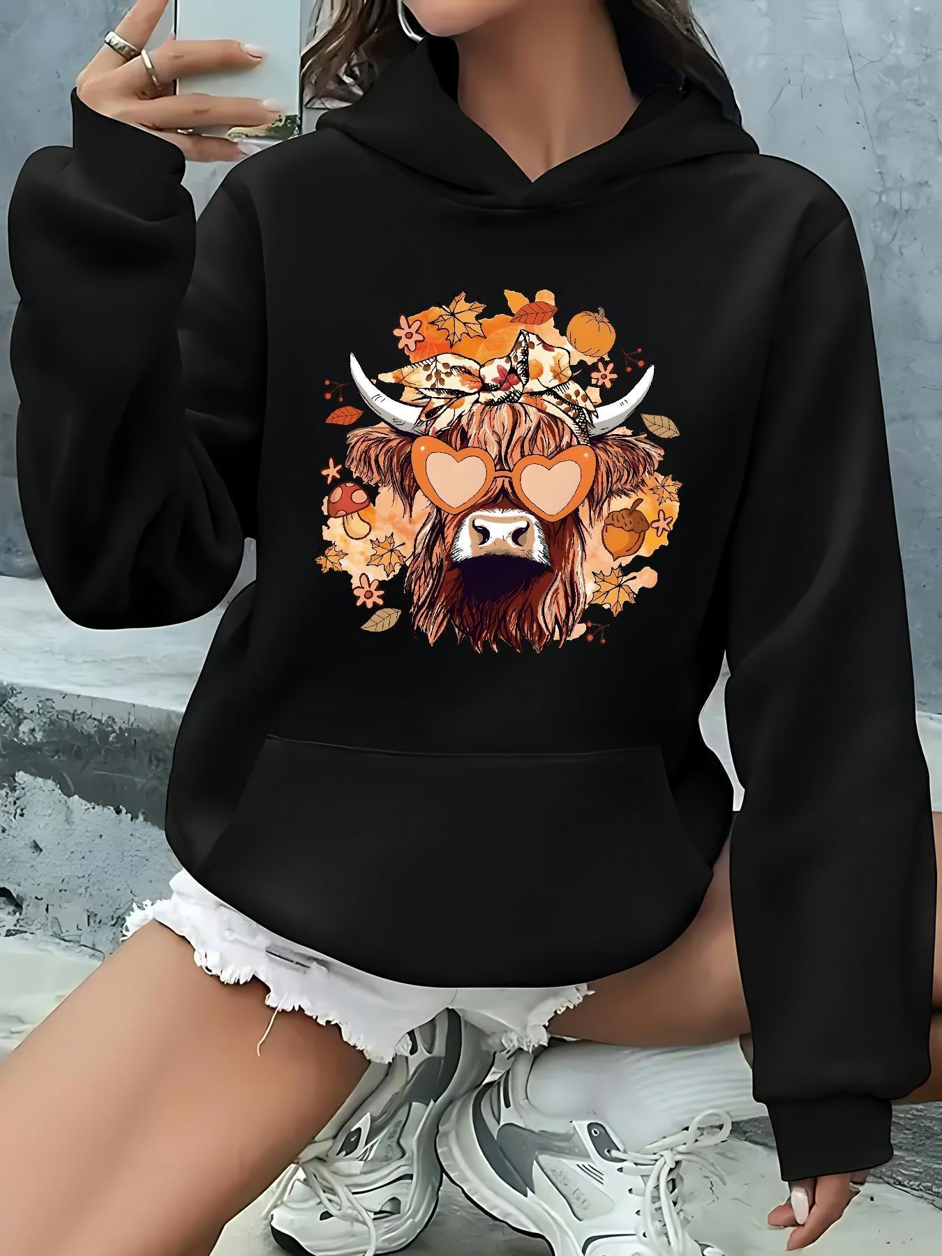 Women's Graphic Hoodie Autumn Leaves And Heart Sunglasses On Highland Cow