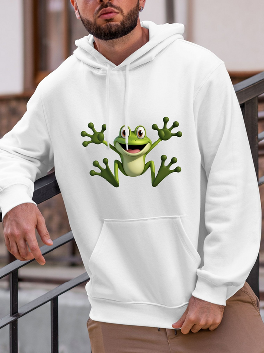 Men's Graphic Hoodie Playful Green Frog With Outstretched Limbs On White Hoodie Frog