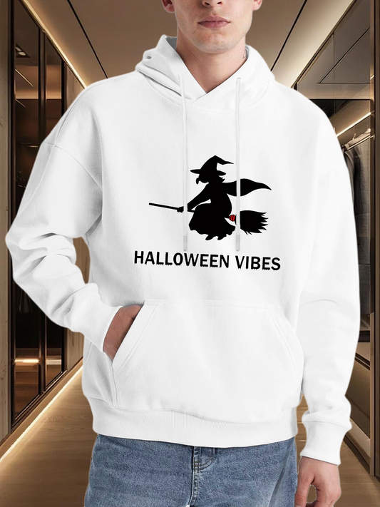Men's Graphic Hoodie Halloween Vibes Flying Witch Silhouette With Flowing Cape Broom And Pointed Hat