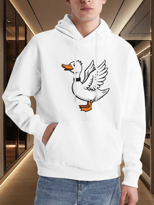 Men's Graphic Hoodie Playful Cartoon White Duck With Outstretched Wings And Orange Beak