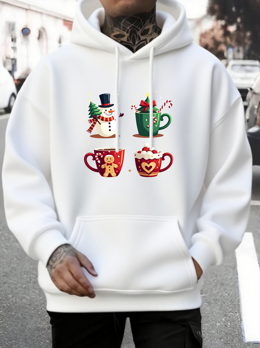Men's Graphic Hoodie Festive Holiday Mugs With Candy Canes And Cheerful Snowman