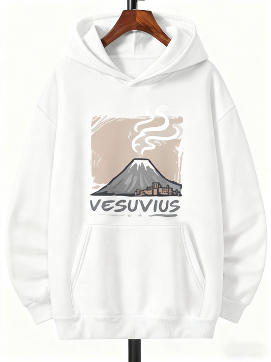 Men's Graphic Hoodie Vesuvuis With Smoking Volcano And Soft Clouds Over Peaceful Town
