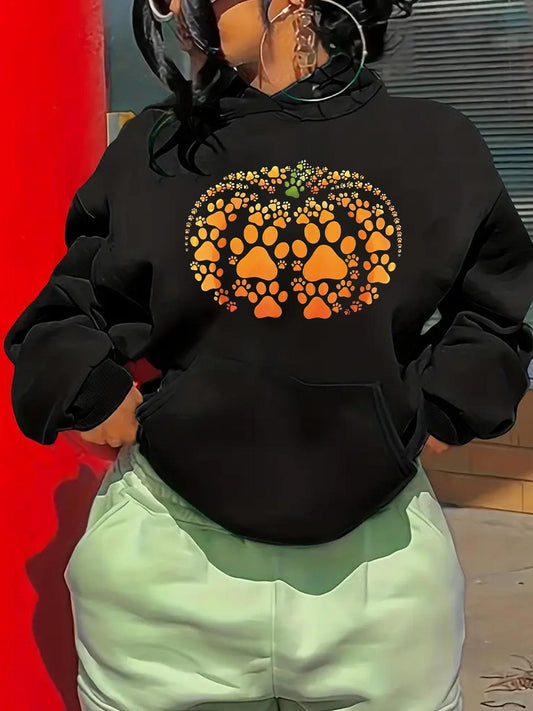 Women's Graphic Hoodie Pumpkin Formed By Orange Paw Prints Design Pumpkin