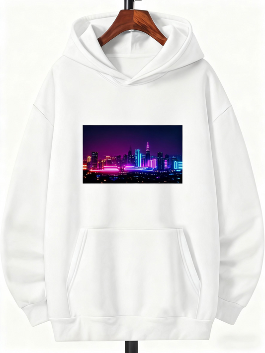 Men's Graphic Hoodie Neon Lights Against Nighttime Urban Skyline Cityscape