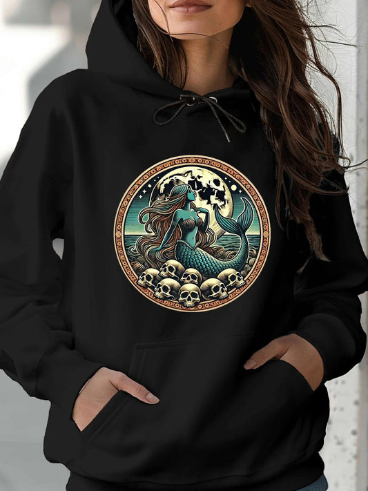 Women's Graphic Hoodie Mystical Night With Moonlit Water Surrounded By Skulls Mysterious Mermaid