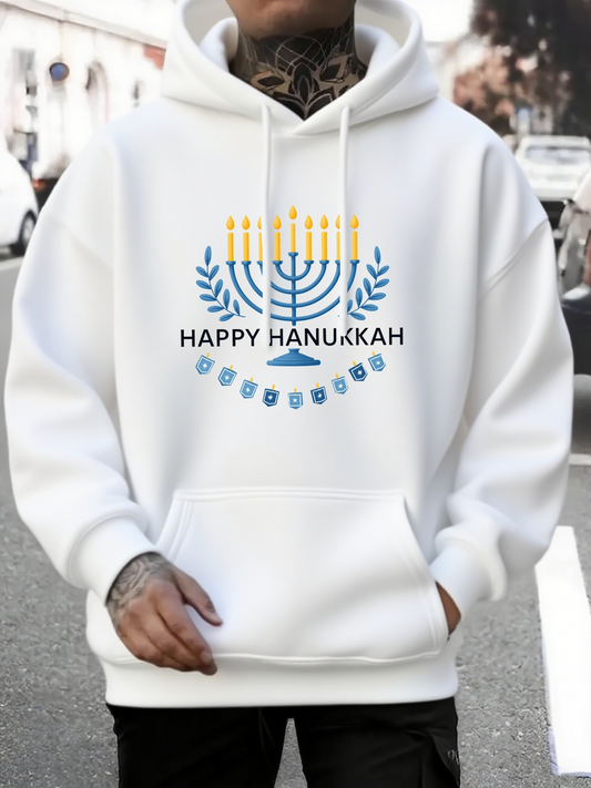 Men's Graphic Hoodie Happy Hanukkah Blue Leaves Gold Candles Among Menorah Celebration Festival