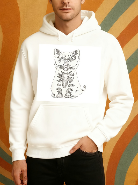 Men's Graphic Hoodie Hand Drawn Illustration With Glasses On Playful Cat
