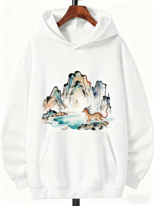 Men's Graphic Hoodie Peaceful Lake With Majestic Mountains And Serene Lone Deer
