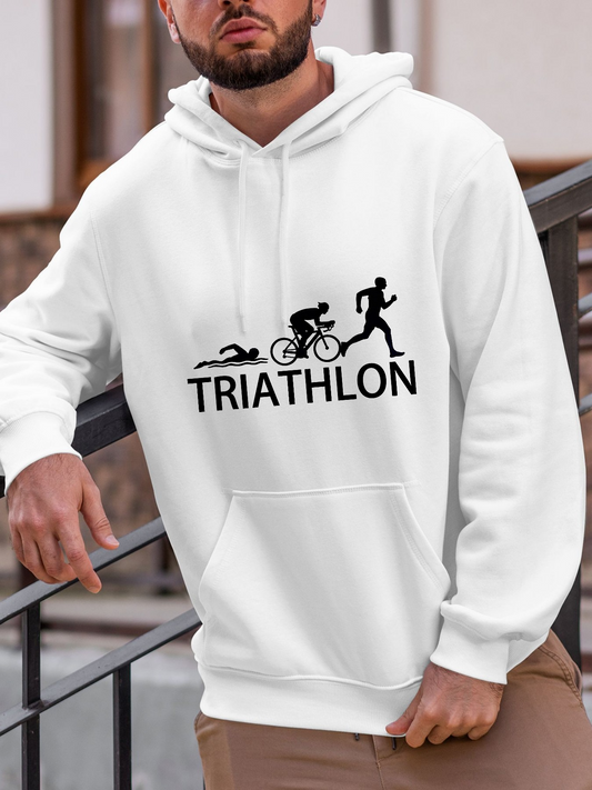 Men's Graphic Hoodie Bold Black Icons With Running Cycling And Swimming Motifs Triathlon