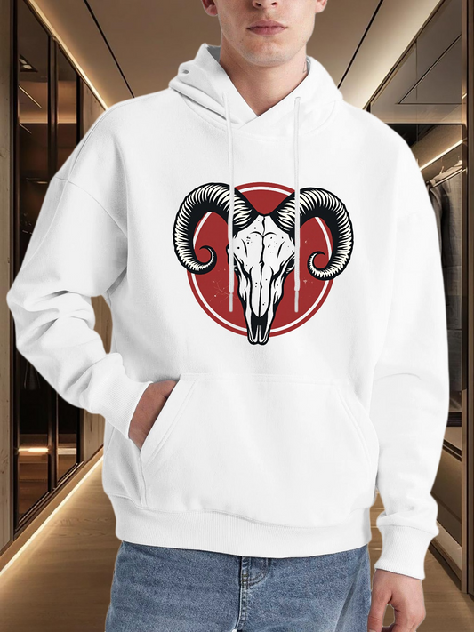 Men's Graphic Hoodie Ivory Skull With Black Curved Horns Inside Red Circle Ram
