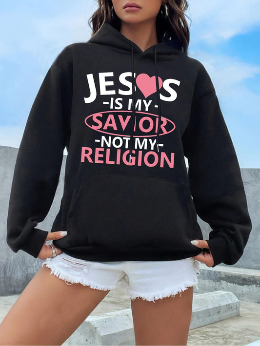 Women's Graphic Hoodie Jesus Is My Savior Not My Religion Lettering With Pink Heart Illustration Hoodie