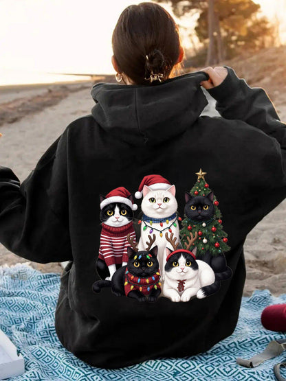 Women's Graphic Hoodie Playful Holiday Cats With Santa Hats And Festive Christmas Tree