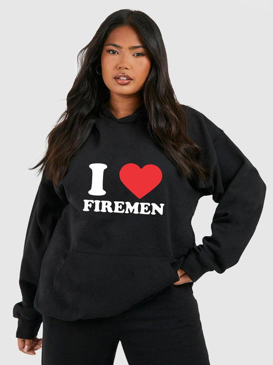 Women's Graphic Hoodie I Love Firemen Bold Slogan With Red Heart On Classic Hoodie