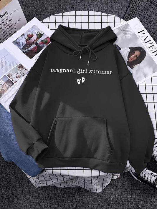 Women's Graphic Hoodie Pregnant Girl Summer With Minimalistic White Baby Footprint Motif Hoodie
