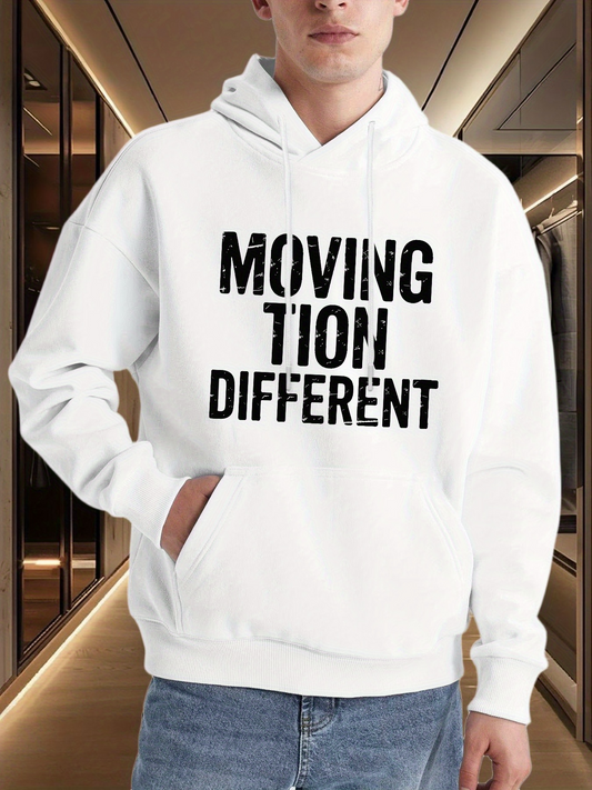 Men's Graphic Hoodie Moving In A Unique Way With Bold Black Letters Hoodie