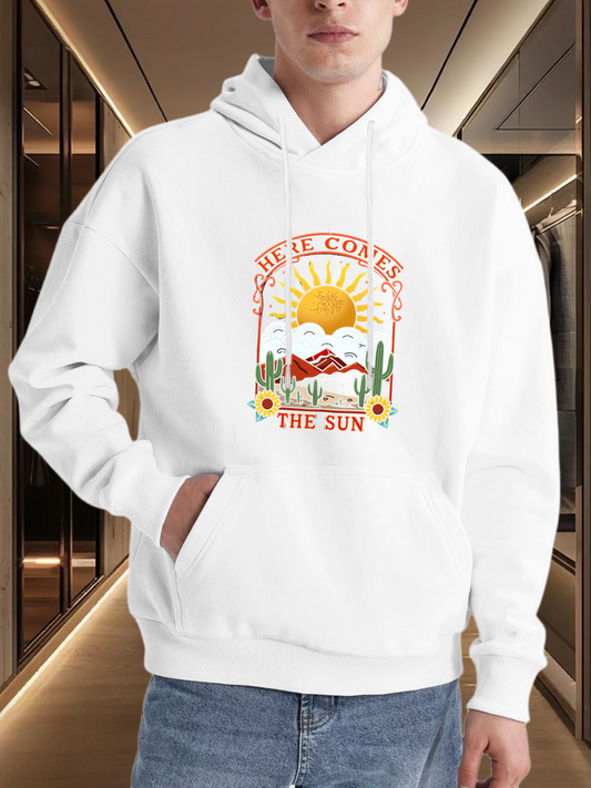 Men's Graphic Hoodie Here Comes The Sun Among Clouds With Cacti And Morning Blossoms Sun