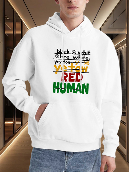 Men's Graphic Hoodie Bold Colorful Statement With Crossed Out Words On White Human