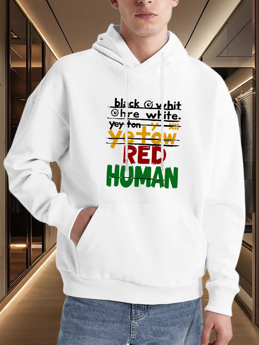 Men's Graphic Hoodie Bold Colorful Statement With Crossed Out Words On White Human