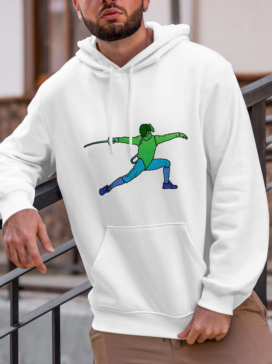 Men's Graphic Hoodie Dynamic Sword Fighter In Vibrant Motion Amid Urban Setting Fencer