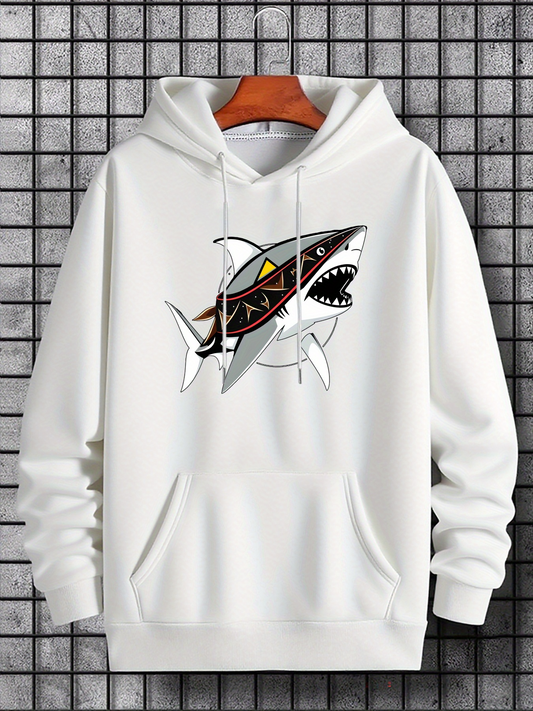 Men's Graphic Hoodie Dynamic Geometric Pattern With Breaking Waves And Angry Shark
