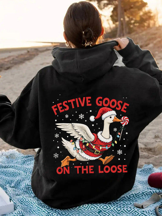Women's Graphic Hoodie Festive Goose Wearing Santa Hat Amid Falling Snowflakes Goose