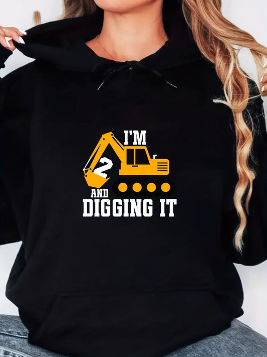 Women's Graphic Hoodie Im Two And Digging It With Yellow Construction Digger