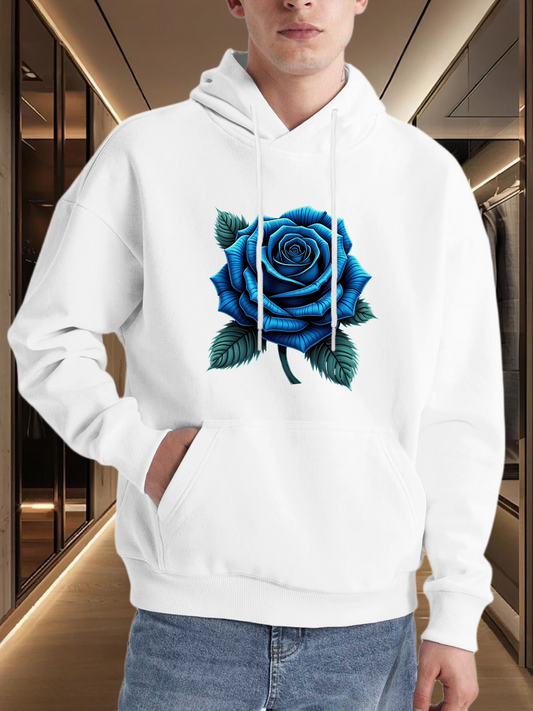 Men's Graphic Hoodie Vibrant Blue Petals With Radiant Green Leaves Blooming Rose